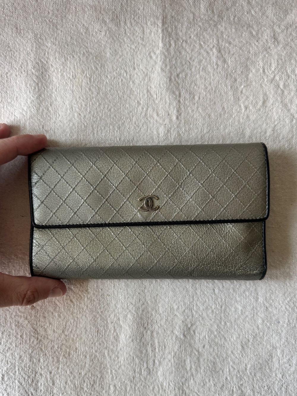 CHANEL Quilted Metallic Silver Leather Wallet with CC Logo